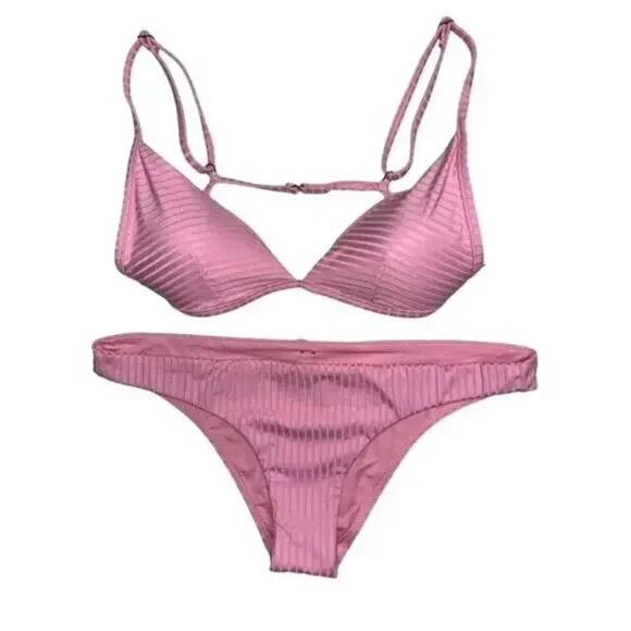 Rip Curl Bikini Triangle LARGE Top XL Bottom Cheeky Pink Banded Adjustable $100 - Picture 1 of 8